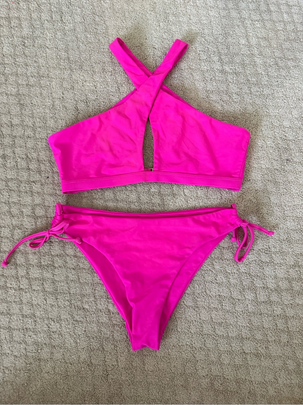SHEIN Hot Pink Crisscross High Neck Bikini Set